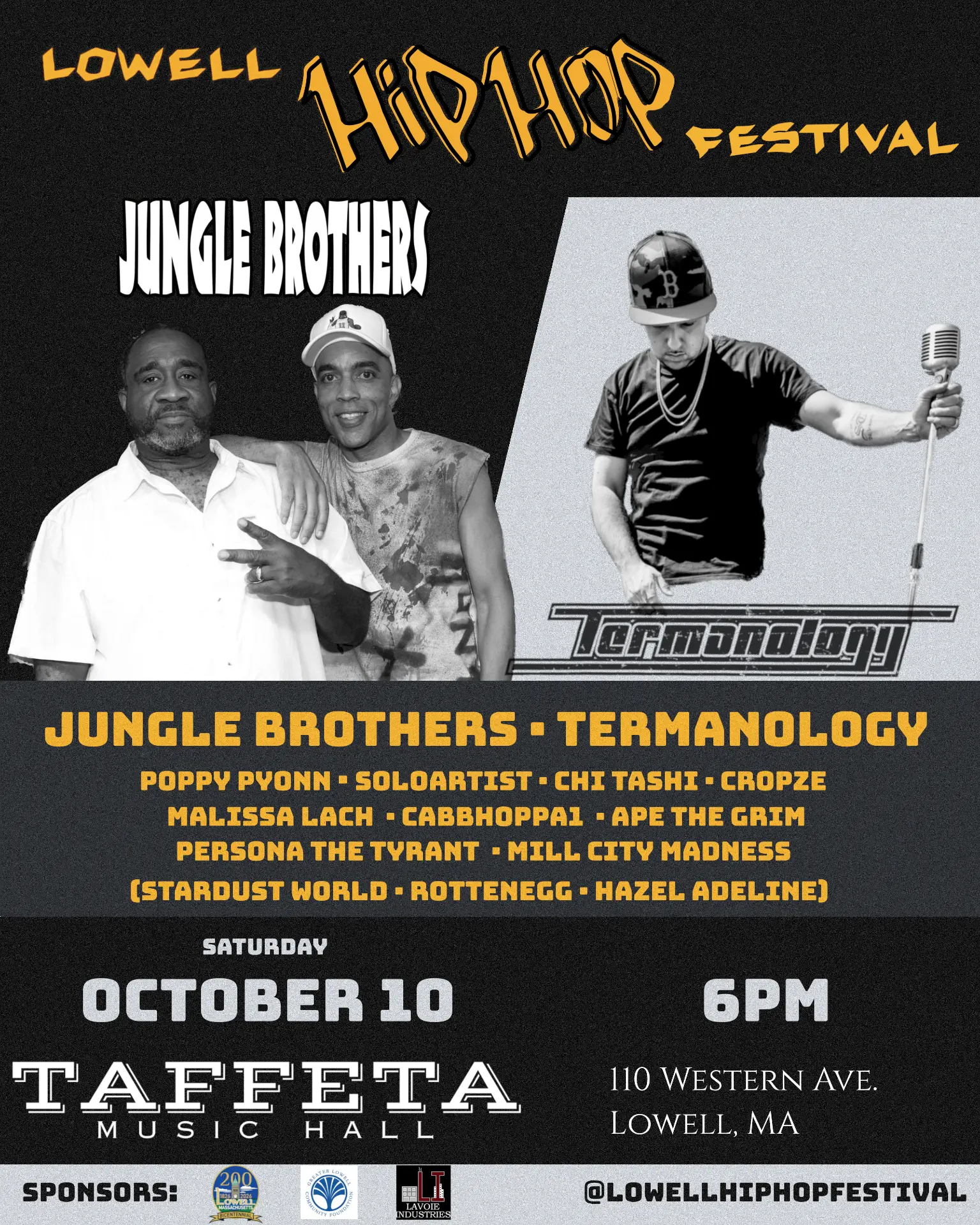 Kick-off Concert flyer: Jungle Brothers and Termanology, Saturday October 10 at 6pm, Taffeta Music Hall, 110 Western Ave, Lowell MA